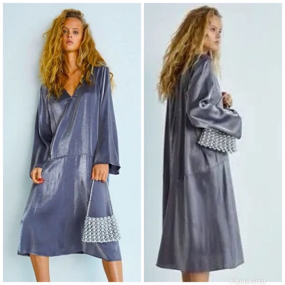 H&M Metallic Gray Silver Shimmer Long Sleeve V Neck Peasant Midi Dress - Picture 2 of 7
